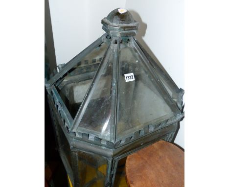 A PATINATED BRASS GLAZED HALL LANTERN.   H.81cms.