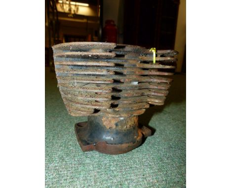 A COLLECTION - BRITISH POSSIBLY BSA MOTORCYCLE ENGINE CYLINDER HEADS, A SINGLE FINNED BARREL TOGETHER WITH VINTAGE HEAD LAMPS