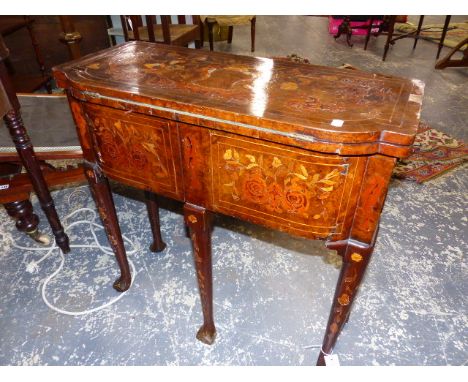 A DUTCH FLORAL MARQUETRIED WALNUT GAMES TABLE/SIDE CABINET, THE BAIZE LINED ROUNDED FRONT TOP OPENING ONTO A CENTRAL EXTENDIN