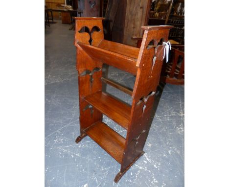 AN ARTS AND CRAFTS OAK OPEN BOOKCASE WITH TROUGH TOP OVER TWO SHELVES.   44.5 x 20 x H.85.5cms.