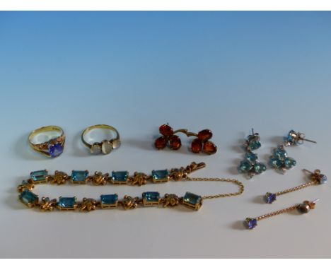 AN 18ct TRIPLE MOONSTONE RING, A PAIR OF 9ct GOLD CITRINE EARRINGS, A GOLD AND GEMSET BRACELET, A PAIR OF AQUAMARINE AND DIAM