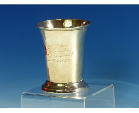 A 1900 LEICESTERSHIRE GOLF CLUB SILVER TROPHY BEAKER BY HENRY ATKINS, SHEFFIELD 1899, THE CYLINDRICAL BODY FLARING FROM FOOT 