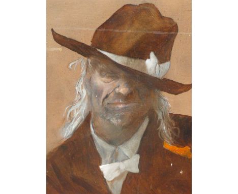 COLIN FROOMS.  (1933-2017)  ARR.   PORTRAIT IN OLD BROWN SUIT, OIL ON PANEL.   27 x 35cms.