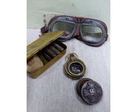 PRINCESS MARY GIFT TIN, TRENCH LIGHTER, MARCHING COMPASS, RAF GOGGLES AND AN ADOLF HITLER SNUFF BOX.