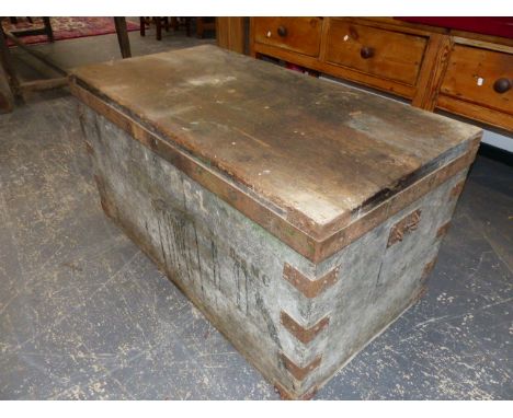 A VINTAGE PINE LARGE MILITARY BLANKET CHEST.