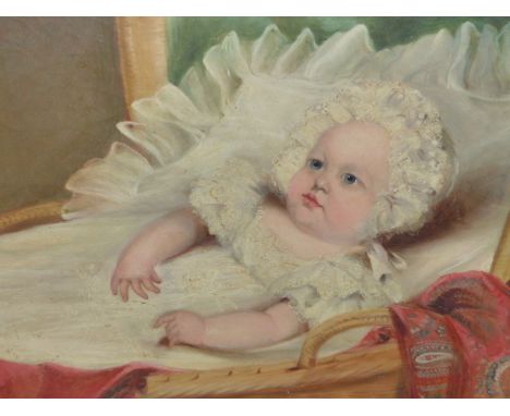 MID 19th.C.ENGLISH SCHOOL.   A PORTRAIT OF A YOUNG CHILD IN A WICKER CRADLE, REPUTEDLY FROM AN ADDERBURY FAMILY, OIL ON CANVA