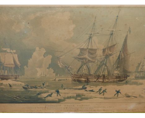 AFTER W.J.HUGGINS.  NORTHERN WHALE FISHERY, HAND TINTED PRINT IN MAPLE FRAME.   42 x 61cms.