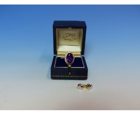 AN 18ct STAMPED WHITE GOLD AMETHYST AND DIAMOND LARGE OVAL CLAW SET CLUSTER RING,FINGER SIZE P TOGETHER WITH A PAIR OF DIAMON
