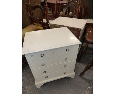 A PAIR OF PAINTED PINE BEDSIDE CHESTS OF TWO SHORT AND THREE LONG DRAWERS WITH RING HANDLES AND STANDING ON&nbsp; BRACKET FEE