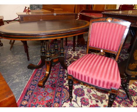 A SET OF FOUR YEW WOOD BANDED EBONISED CHAIRS, ROSETTE CENTRED TOP RAILS ABOVE UPHOLSTERED BACK AND SEATS ON BALUSTER TURNED 