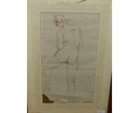 FOUR 20th.C.PICTURES TO INCLUDE A PORTRAIT OF A SARAH BERNHARDT, TWO THEATRICAL WATERCOLOURS AND A STANDING NUDE.  (4)