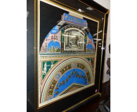 AFTER JOHANN OTTAVIANI.&nbsp; &nbsp;A COLOURED PRINT OF A PAPAL ARCHED WALL DECORATION FEATURING THREE MEN APPEARING BEFORE A