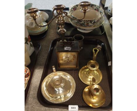 An EP chamberstick, two brass examples, EP candelabrum, Metamec quartz clock, two pairs of crystal brandy glasses, Poole teaw