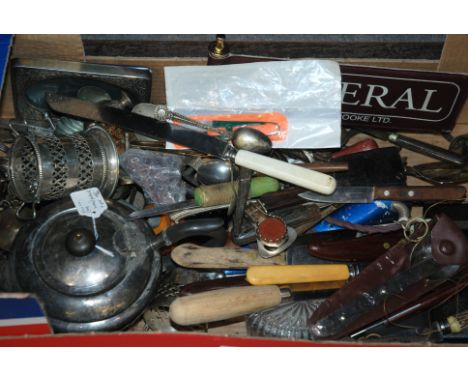 A box of miscellaneous EP teapot, cutlery etc Condition Report: Available upon request