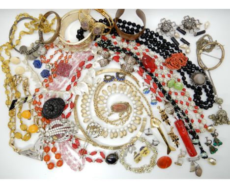 A collection of vintage costume jewellery to include, a Trifari fish pendant, other items by Trifari, Weisse and a Chinese st