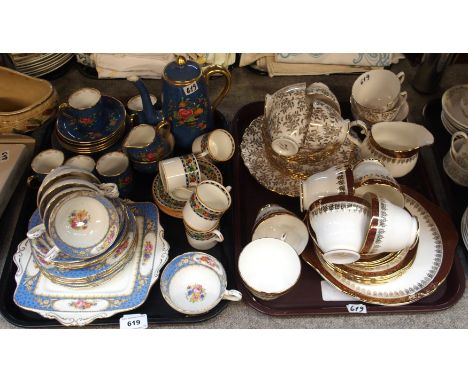 Wedgwood powder blue coffee set, decorated with a basket of flowers, Paragon cups and saucers, Wedgwood coffee cans and sauce