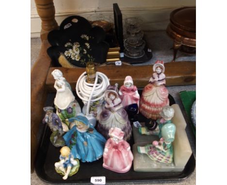 Royal Worcester figure 'Dandelion', modelled by F.G Doughty (def), pair of Deco bookends, various crinoline lady figures, cry