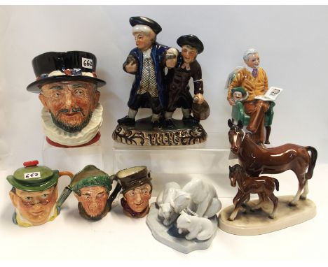 Royal Doulton figure 'Pride and Joy' HN2945, three Doulton character jugs - 'Beefeater', 'Auld Mac' and 'Sam Weller', Lladro 