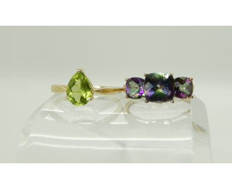 A 9ct gold three stone mystic topaz ring size P1/2, weight 3.3gms, together with a gold plated silver peridot set ring size S