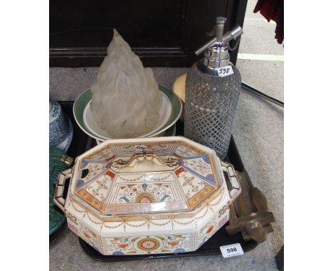 Moore, Leason &amp; Co pottery 'Indian' pattern tureen, Sparklets Ltd mesh covered soda siphon, brass door knocker, ostrich e