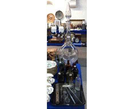 A large Chemists apothecary clear glass display bottle, 91.5cm high (def to tip of stopper), De Kuper's gin bottle, seven oth