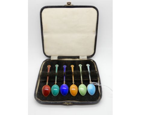 A cased set of six Norwegian sterling silver and enamel coffee spoons Condition Report: Available upon request