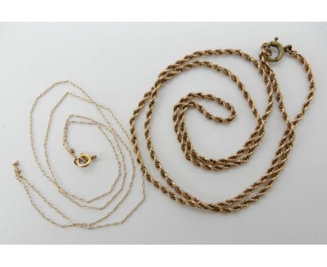 A 9ct gold fine trace chain approx length 46cm, together with a yellow metal rope chain, length 50cm, weight 8.7gms Condition