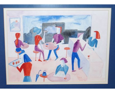 N K Cafe interior, signed, watercolour, 22 x 30cm, court figures, 15 x 23cm and another (3) Condition Report: Available upon 