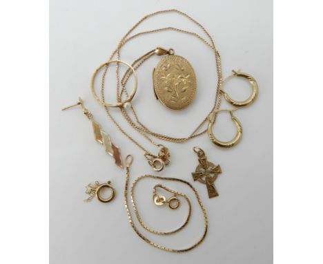 A 14k gold bracelet length 19cm, weight 1.4gms, 9ct gold locket 3cm x 1.7cm and chain length 48cm and other items of 9ct comb