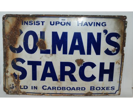 A Colman's Starch enamel advertising sign, 61 x 41cm, Bev coffee drink sign and various advertising tins Condition Report: Av