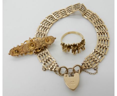 A 9ct gold gate bracelet, length 20cm, 9ct gold bar brooch, weight of 9ct items 16.2gms and a 14k gold retro ring size O1/2, 