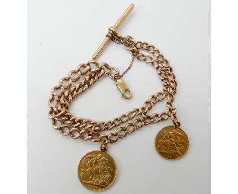 A 9ct gold tapered fob chain made into a bracelet with attached 1916 full gold sovereign and a 1911 gold half sovereign combi