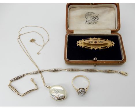 An Edwardian, pearl and red gem set brooch, a 9ct gold Mackintosh style bracelet, length 20cm and other items Condition Repor