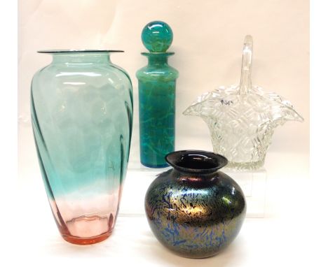 A Royal Brierley iridescent glass vase, 16cm high, Mdina glass decanter, 29cm high, an art glass vase, 34cm high and a moulde