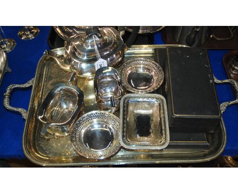 A lot comprising a twin handled serving tray, three piece tea service, cased cutlery, dishes etc Condition Report: Available 