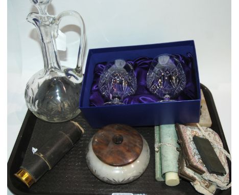 A tray lot including glass claret jug with stopper, pocket telescope, Edinburgh Crystal brandy glasses etc Condition Report: 