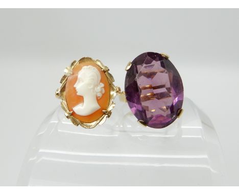 A 9ct faux amethyst ring size M, weight 6.6gms and an 18ct gold mounted cameo ring, size N, weight 3.8gms Condition Report: L