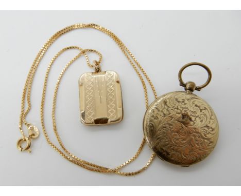An 18ct gold chain with an Art Deco 9ct back and front locket, and a further yellow metal locket, weight 16.6gms Condition Re