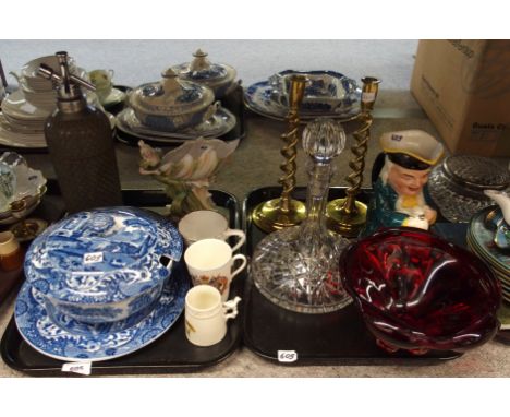 Copeland Spode Italian pattern tureen and plate, Whitefriars ruby vase, crystal ships decanter, Continental centrepiece, soda