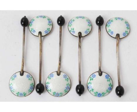 Set of six 1950s bean end silver and guilloché enamel coffee spoons in a fitted case, (Birmingham 1956), maker Turner &amp; S