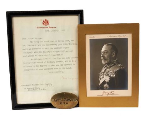 H.M. King George V signed presentation portrait photograph by Vandyk signed on mount in ink 'George RI' and framed letter fro