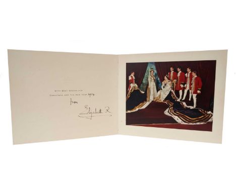 H.M.Queen Elizabeth The Queen Mother, signed 1954 Christmas card with gilt crown to cover, splendid colour photograph of Her 