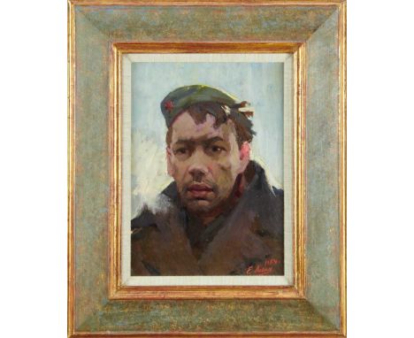 Evgeni Chuikov (1922-1993), oil on board, portrait, 'The Soldier', signed and dated 1954, 32cm x 23cm, in glazed frameProvena