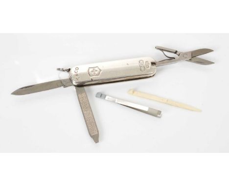 Contemporary silver mounted Swiss army knife by Tiffany &amp; Co. and Victorinox, with knife, scissors, file, toothpick and t