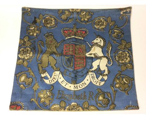 Decorative 1950s H.M.Queen Elizabeth II Coronation commemorative printed silk banner decorated with The Royal Arms within ros