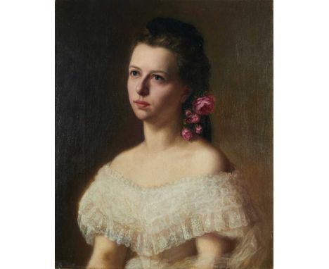 Frederico De Madrazo y Kuntz (1815-1894) oil on canvas - portrait of a pretty young lady with roses in her hair, initialled a