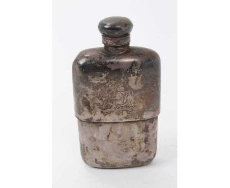 Victorian silver spirit flask of conventional form, with engraved initials and hinged bayonet fitting cap, lacking drinking c