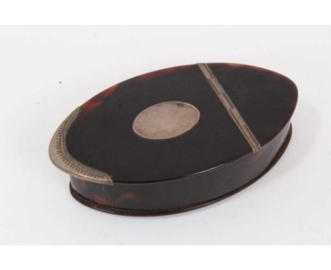 A George Ill tortoiseshell and silver mounted snuff box, c.1780, of navette form, with hinged cover, 9cm long