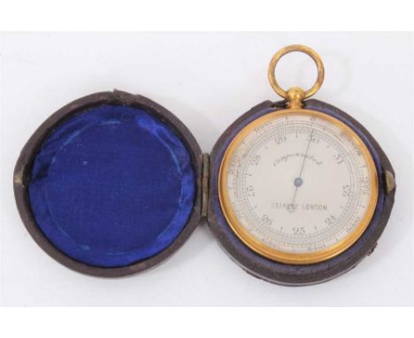 Victorian brass pocket barometer, by Stanley London, with signed silvered dial, approximately 5cm diameter, in fitted case