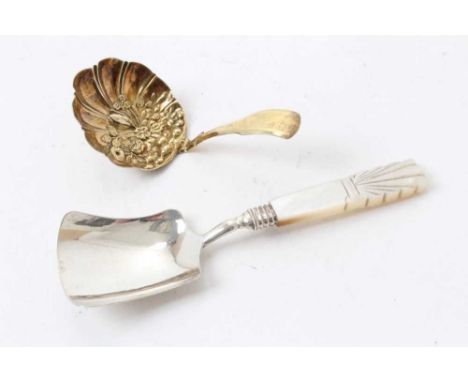 George III silver gilt caddy spoon with embossed fruit bowl and fiddle handle- Birmingham 1813, maker Samuel Pemberton togeth